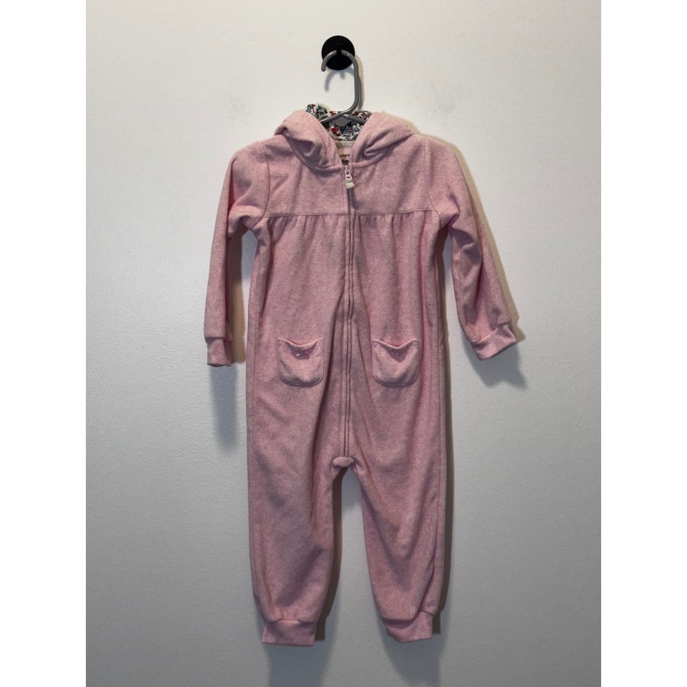 Carters Pink Fleece Hooded Jumpsuit Bear Seat Floral Lining 24M Baby Girl